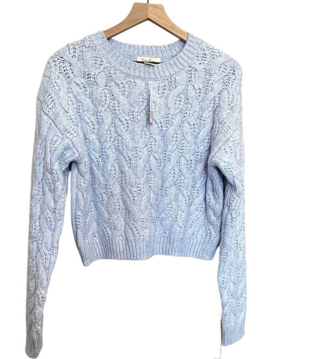 JESSICA SIMPSON Blue Cable Knit Crop Preppy Sweater Size L Super Soft NWT